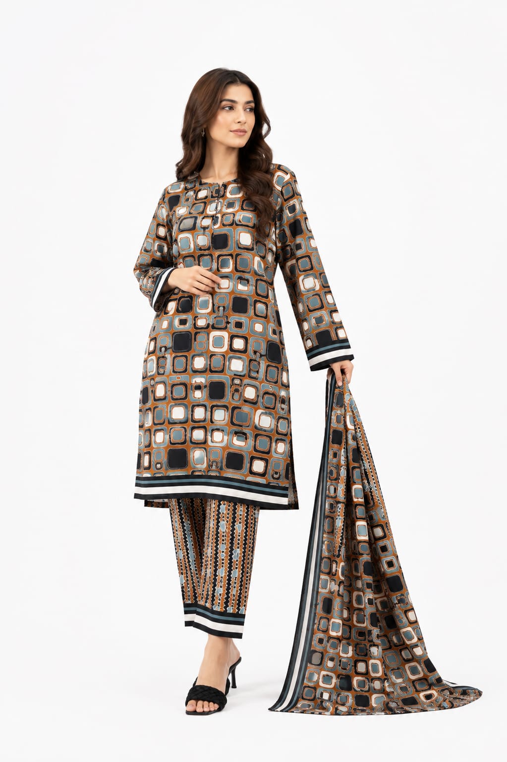 Rust Brown Geometric Square Print Suit