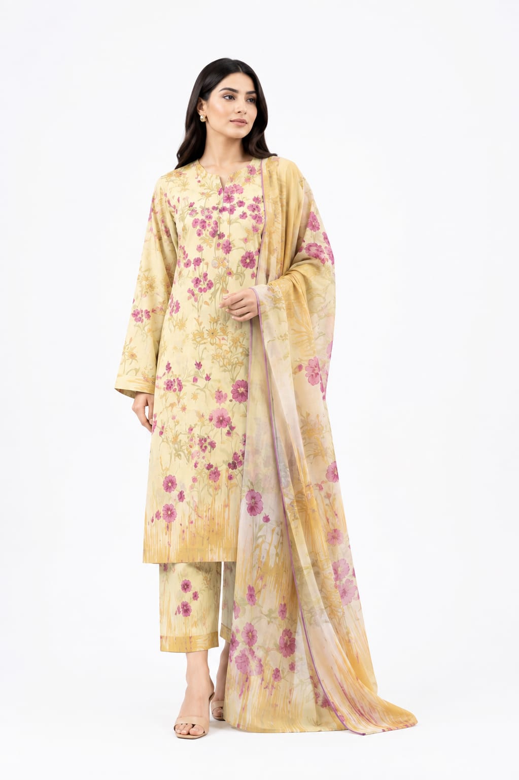 Pastel Yellow Floral Organza Suit
