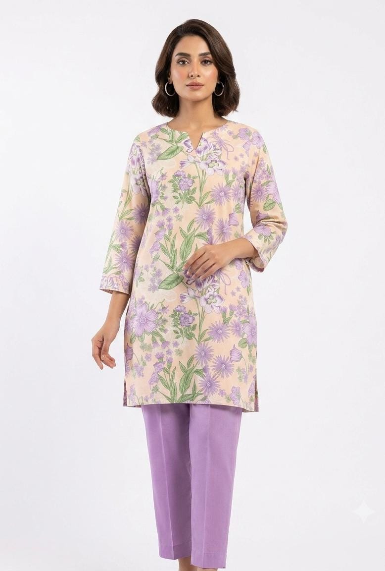 Peach Floral Print 2Pc Suit with Purple Trouser