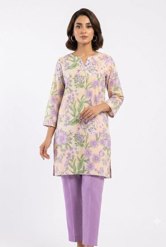 Peach Floral Print 2Pc Suit with Purple Trouser