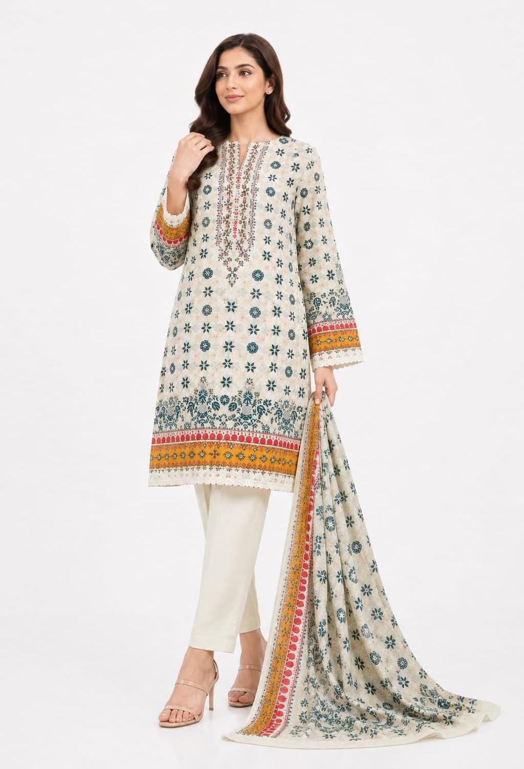 Ivory Floral Medallion Embroidered Suit - 3Pc