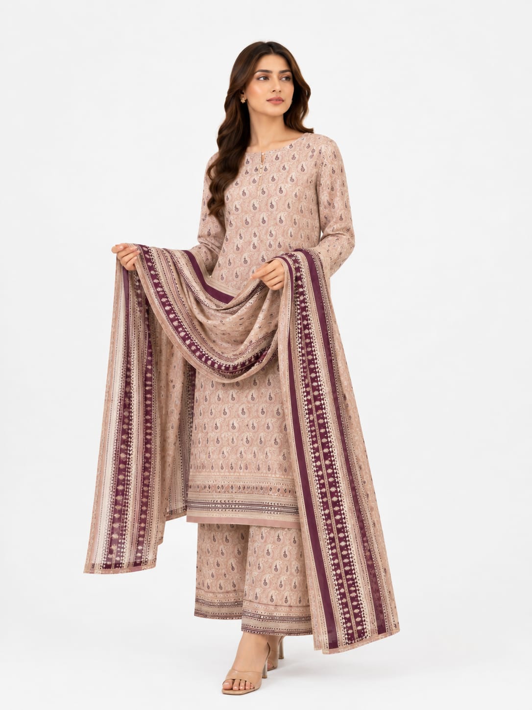 Blush Beige Paisley Print Suit with Maroon Border