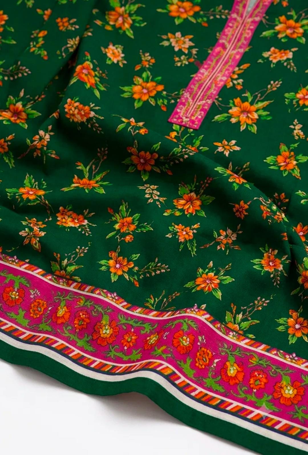 Bottle Green Floral Suit with Pink Border - 3Pc