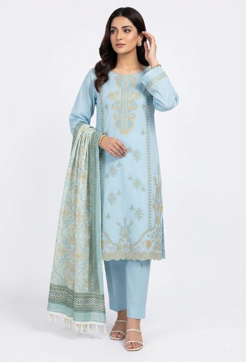 Sky Blue Embroidered Suit with Tasseled Dupatta