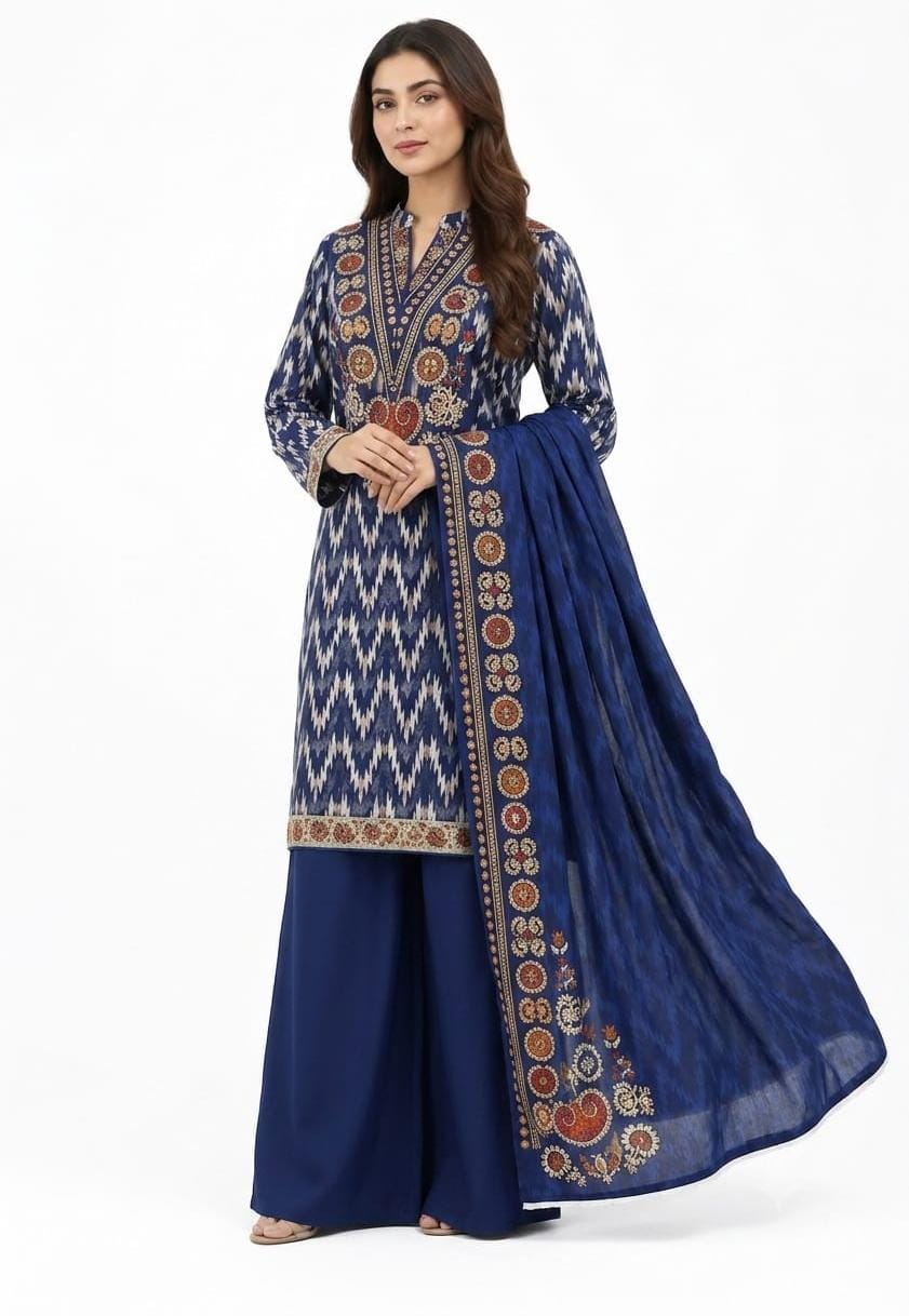 Navy Blue Ikat Embroidered Suit - 3Pc