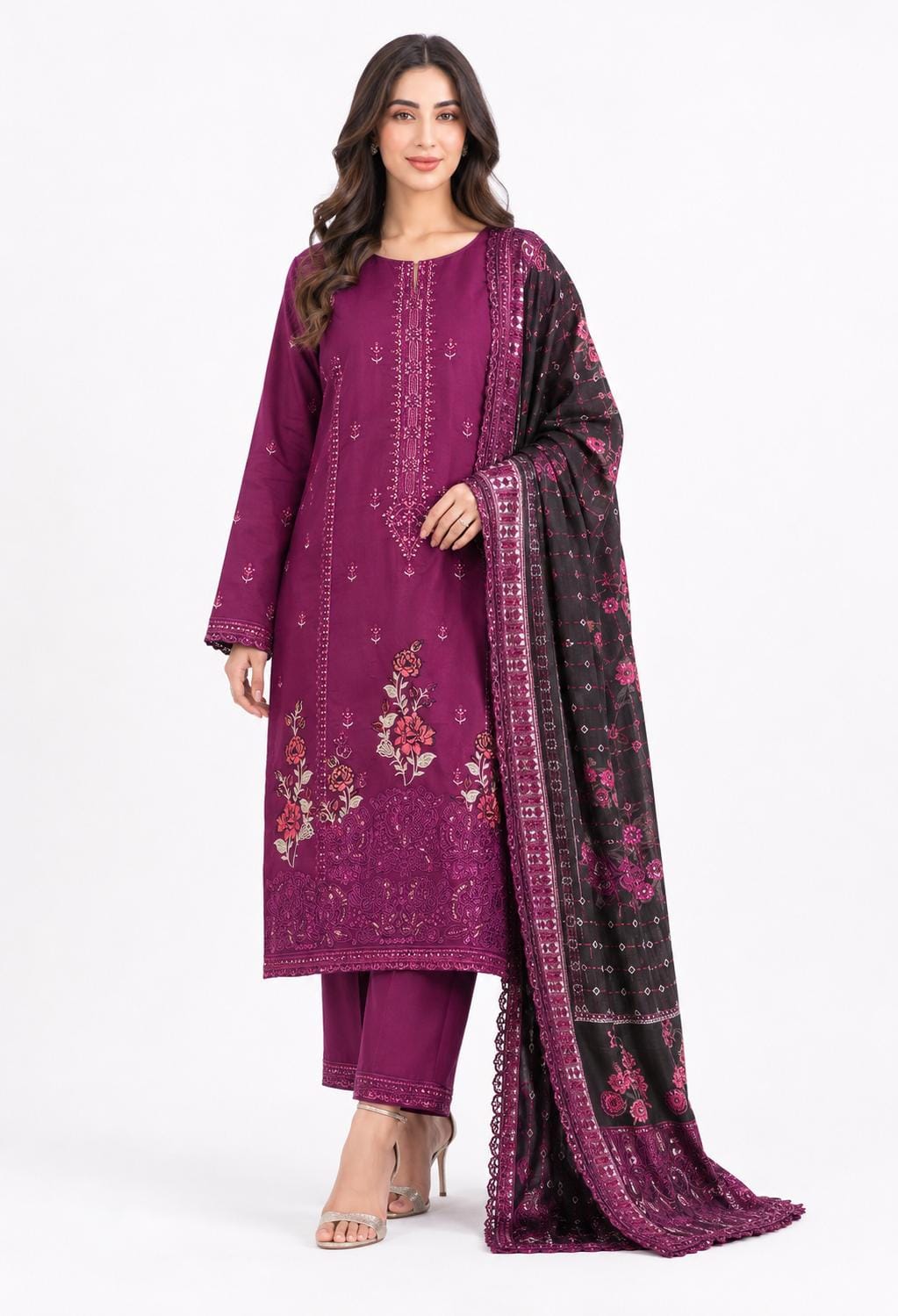 Magenta Embroidered Suit with Floral Dupatta