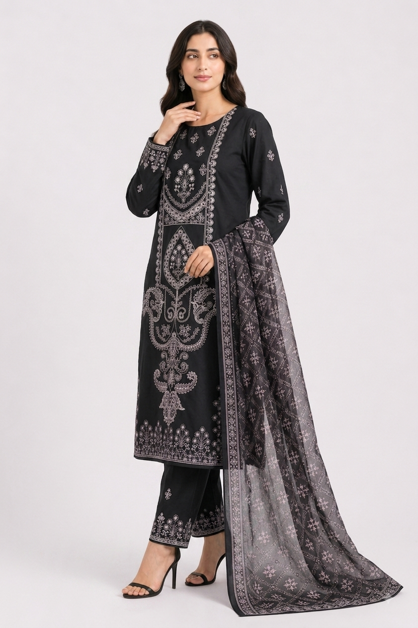 Black Embroidered Suit with Sheer Net Dupatta