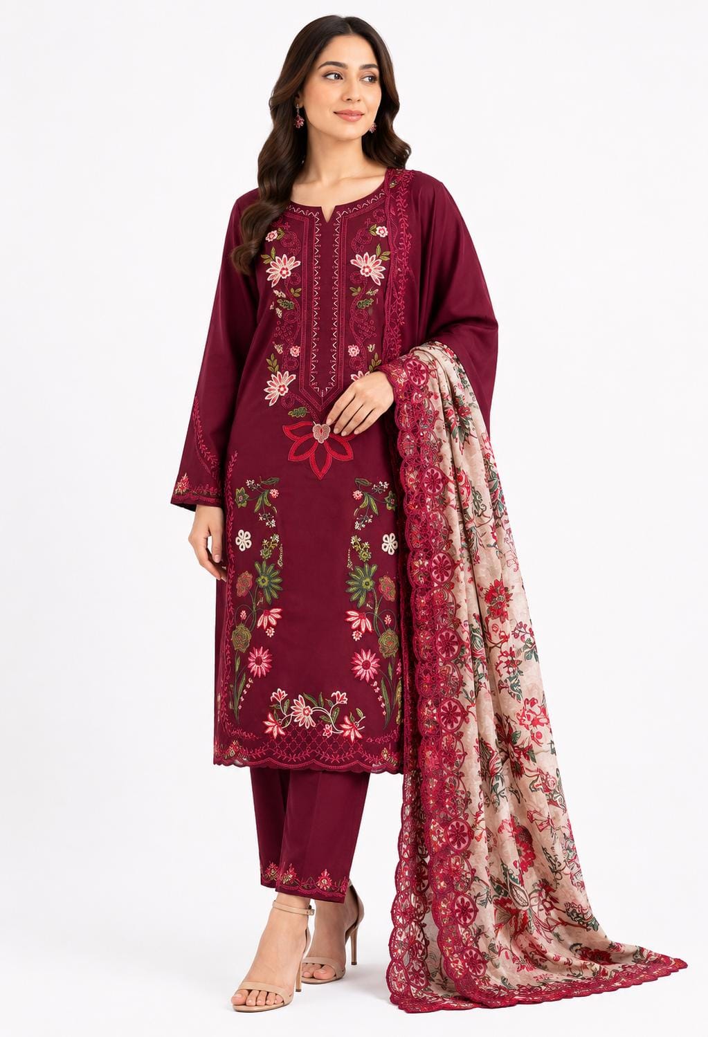 Maroon Embroidered Suit with Lace-Edge Floral Dupatta