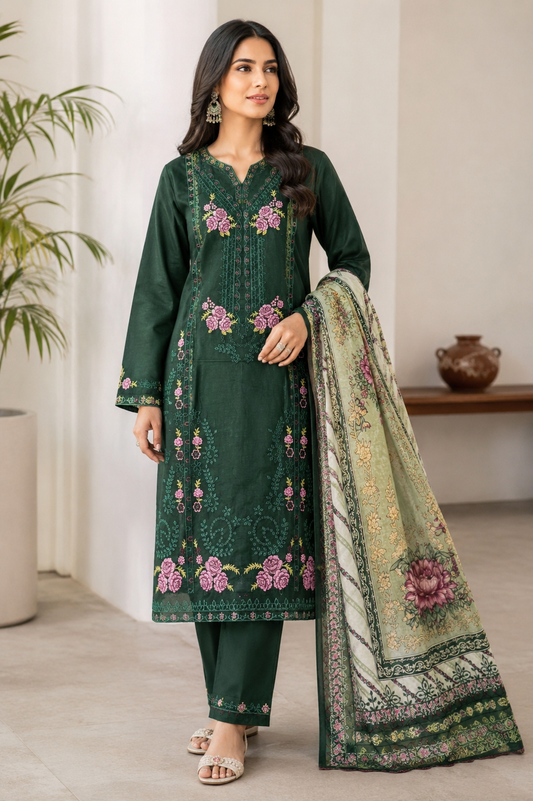 Bottle Green Embroidered Suit with Pink Rose Motifs