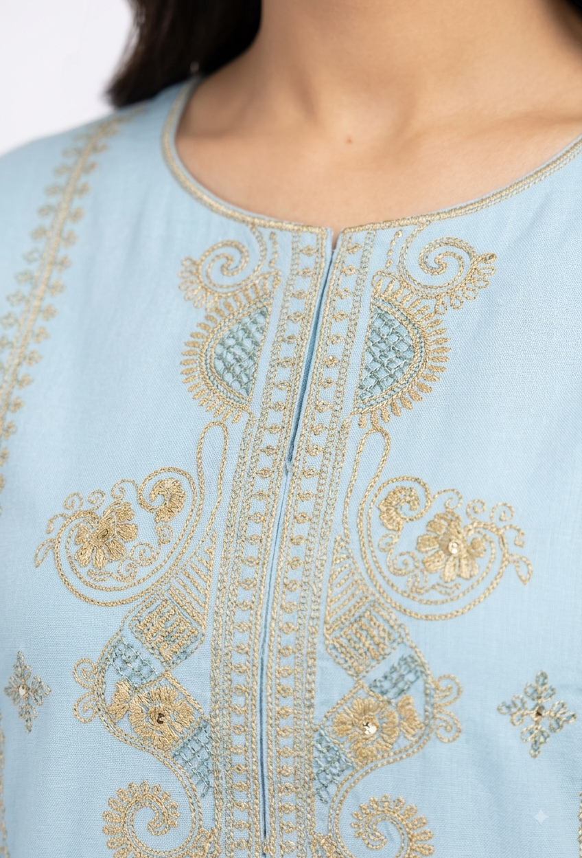 Sky Blue Embroidered Suit with Tasseled Dupatta