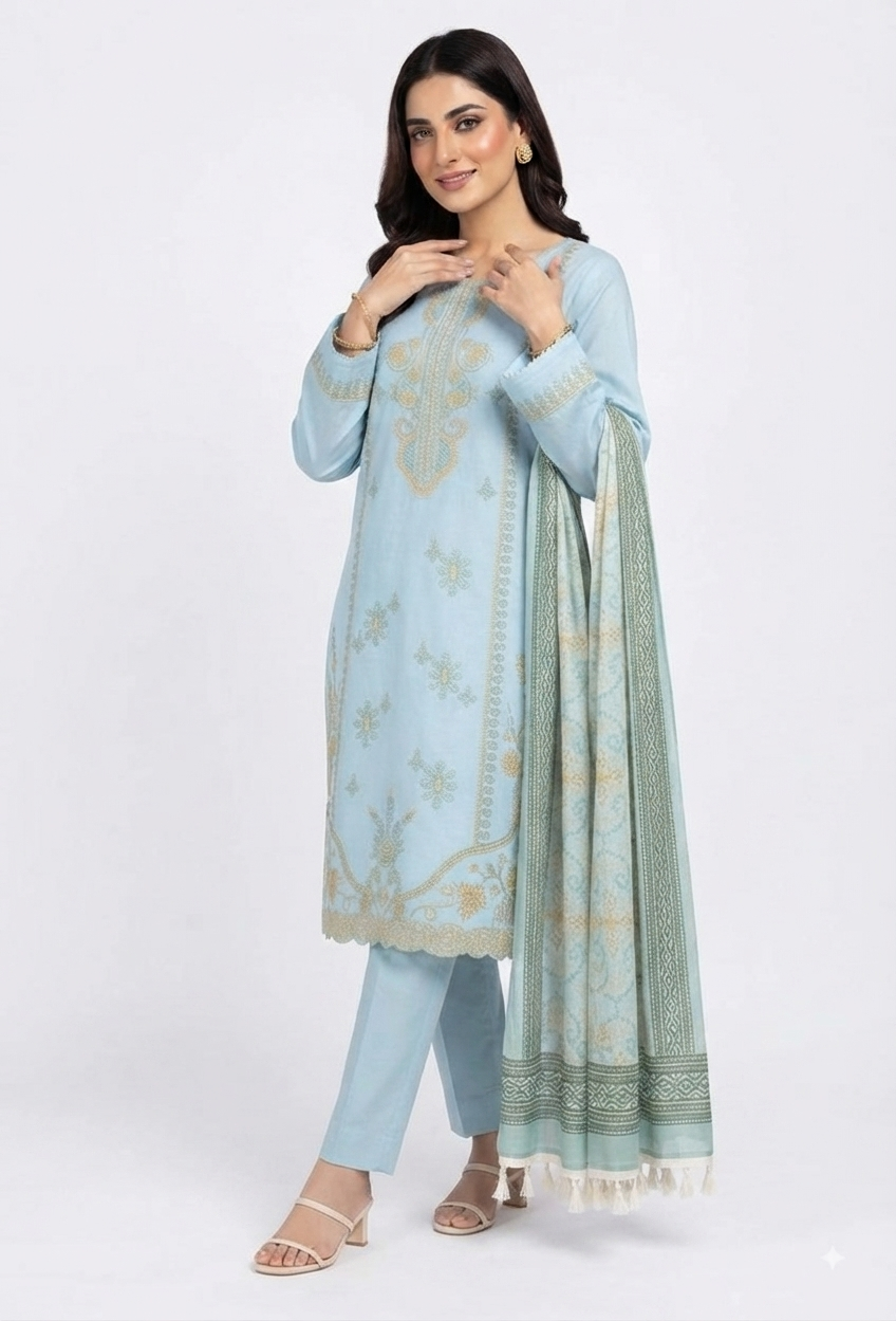 Sky Blue Embroidered Suit with Tasseled Dupatta