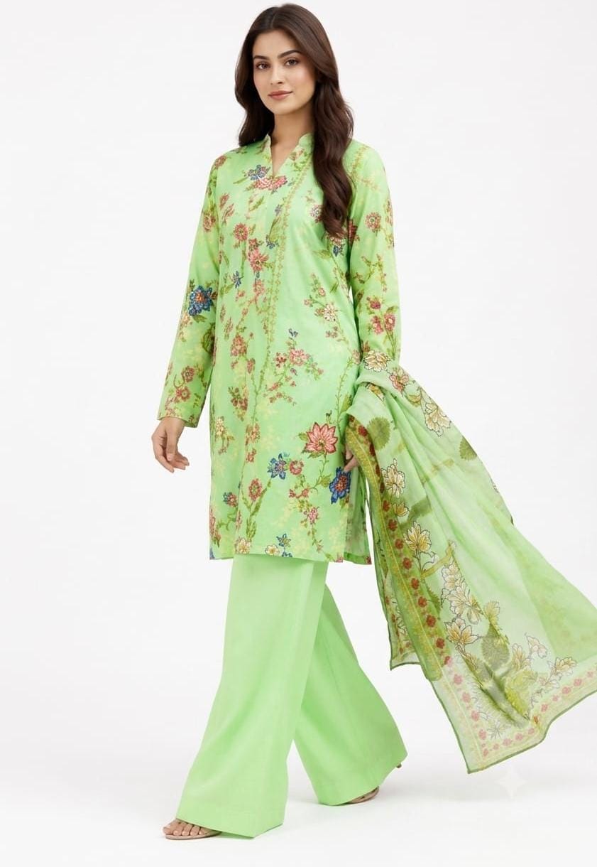 Light Green Floral Print Sharara Suit - 3Pc