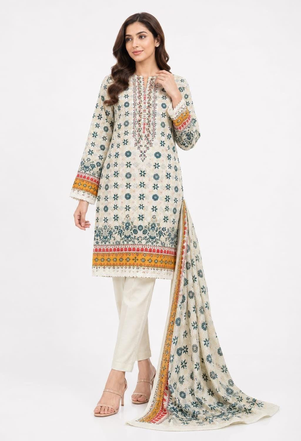 Ivory Floral Medallion Embroidered Suit - 3Pc
