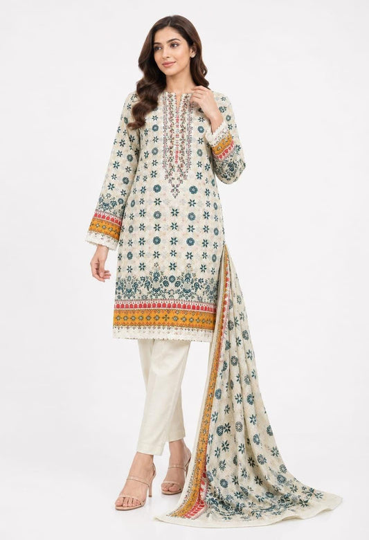 Ivory Floral Medallion Embroidered Suit - 3Pc