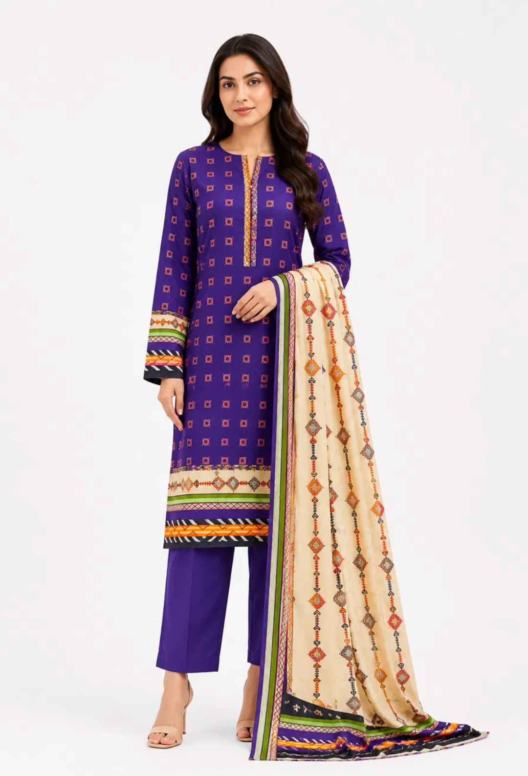 Purple Geometric Print Suit - 3Pc