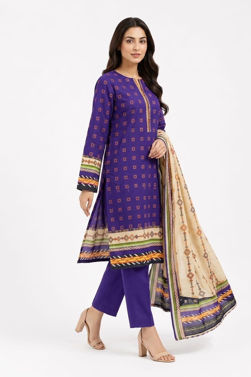 Purple Geometric Print Suit - 3Pc