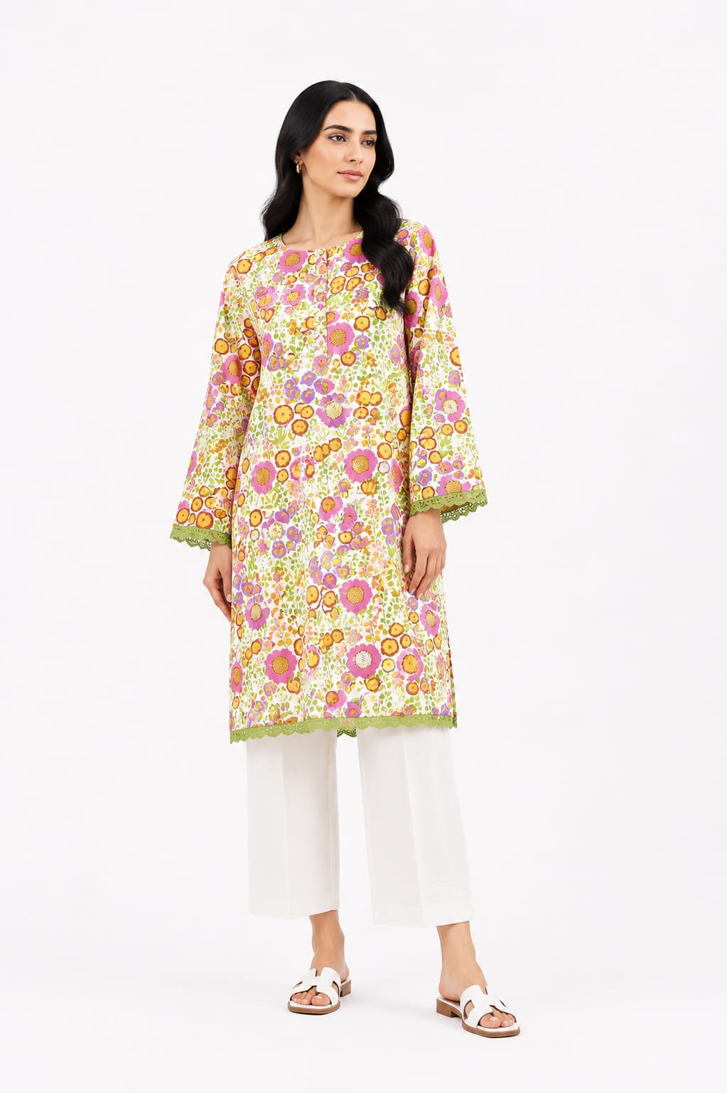 Ivory Multicolor Floral Print 2Pc Suit with Green Lace