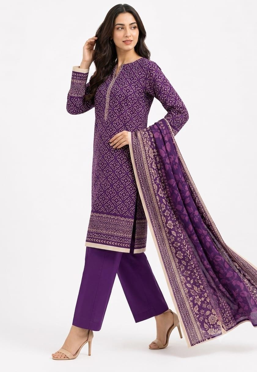 Purple Bandhani Diamond Print Suit - 3Pc