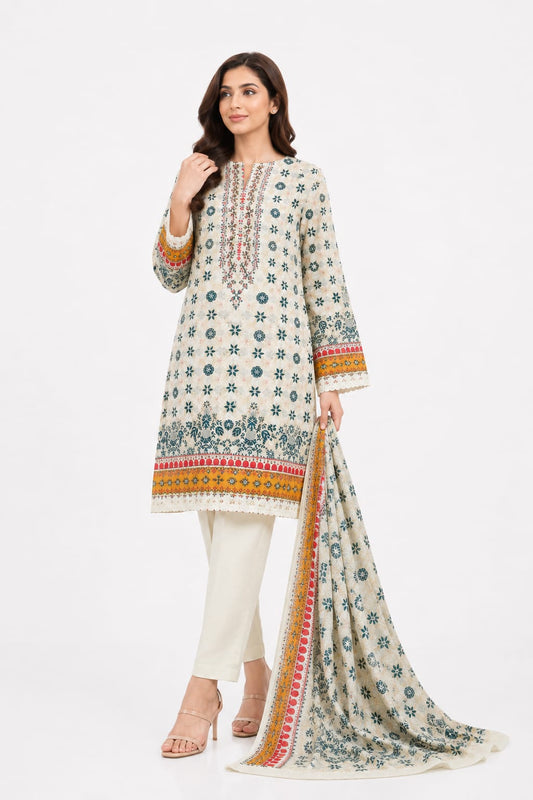 Ivory Floral Medallion Embroidered Suit - 3Pc