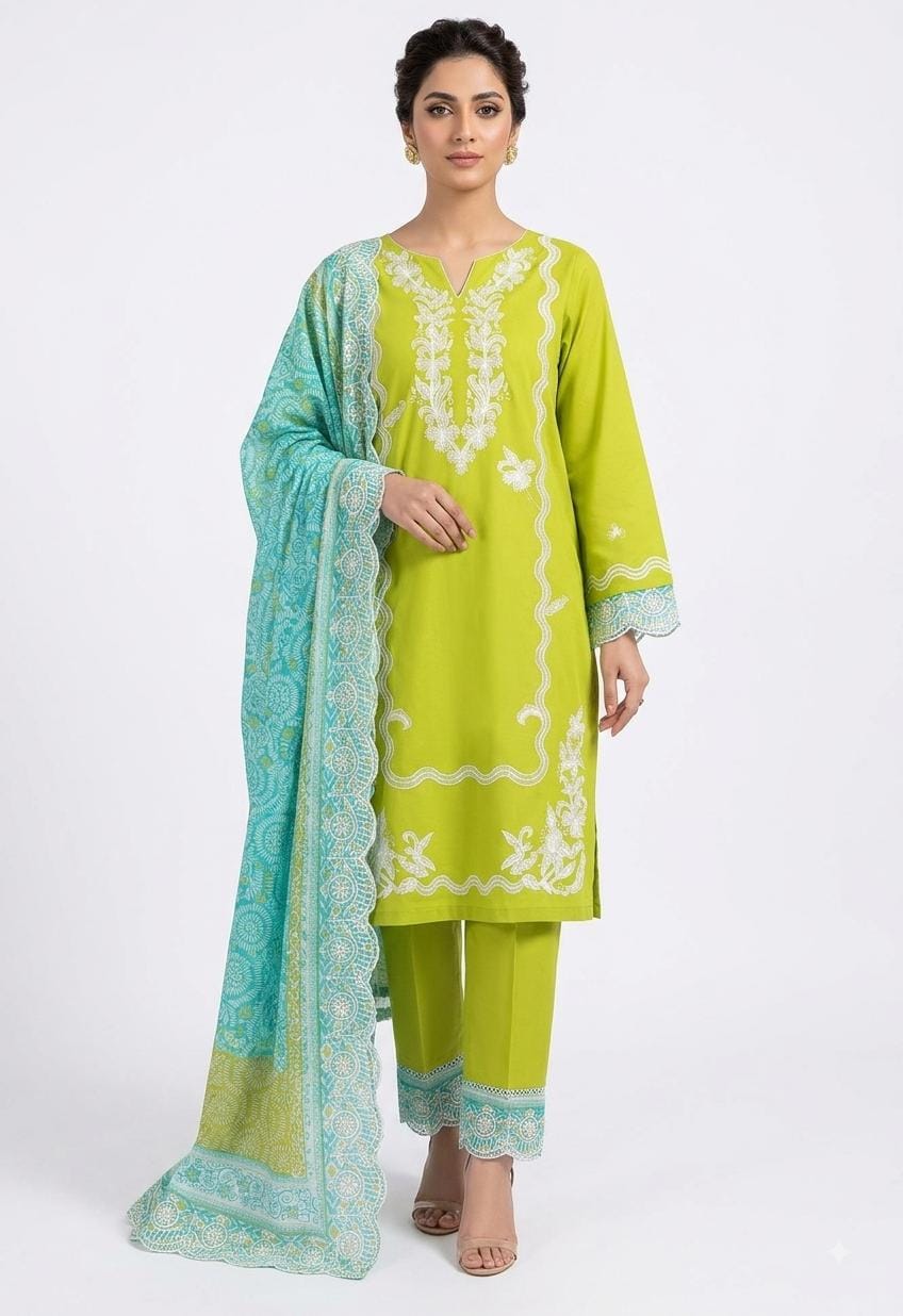 Lime Green Suit with White Embroidery & Turquoise Dupatta
