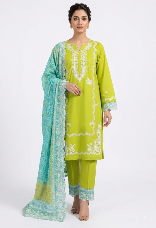 Lime Green Suit with White Embroidery & Turquoise Dupatta