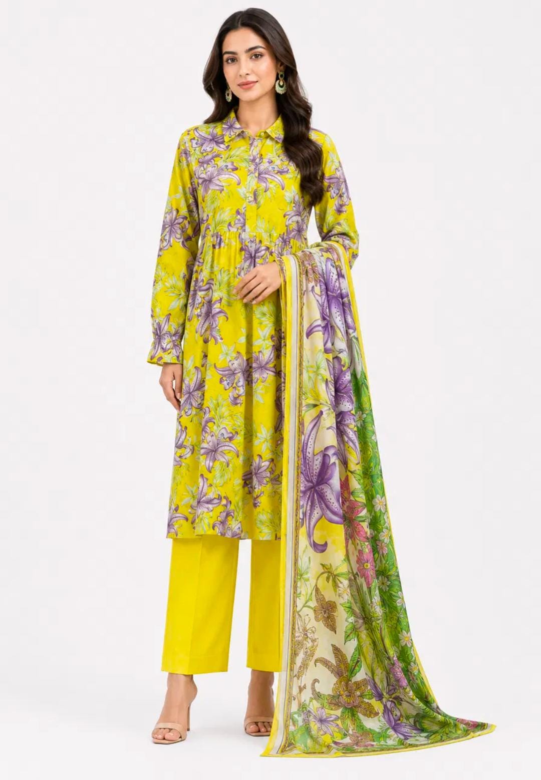 Yellow Lily Print A-Line Suit - 3Pc