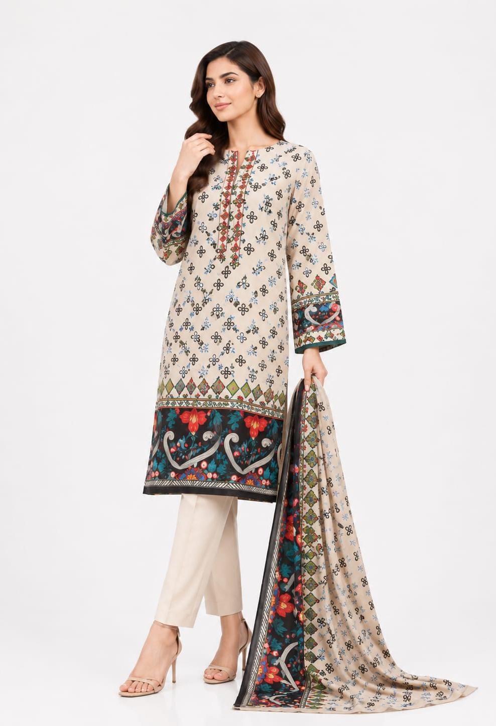 Beige Floral Medallion Suit - 3Pc
