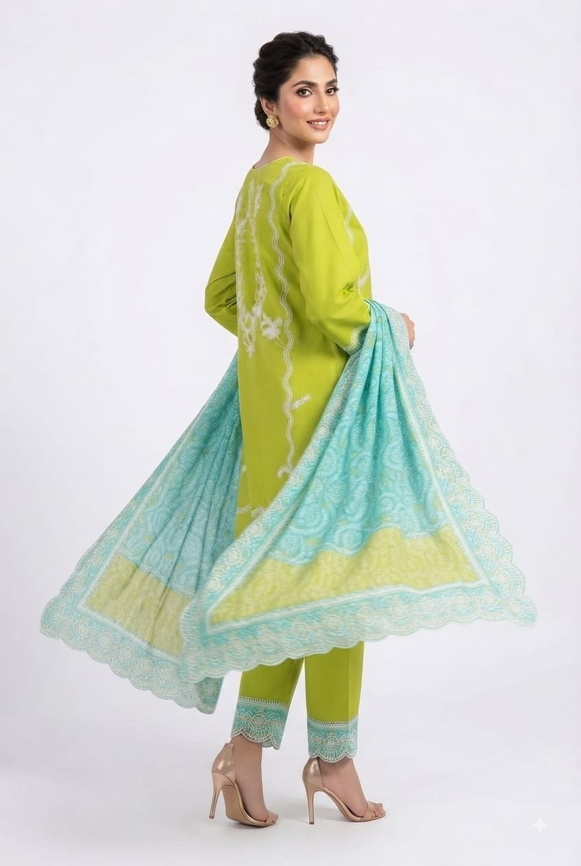 Lime Green Suit with White Embroidery & Turquoise Dupatta