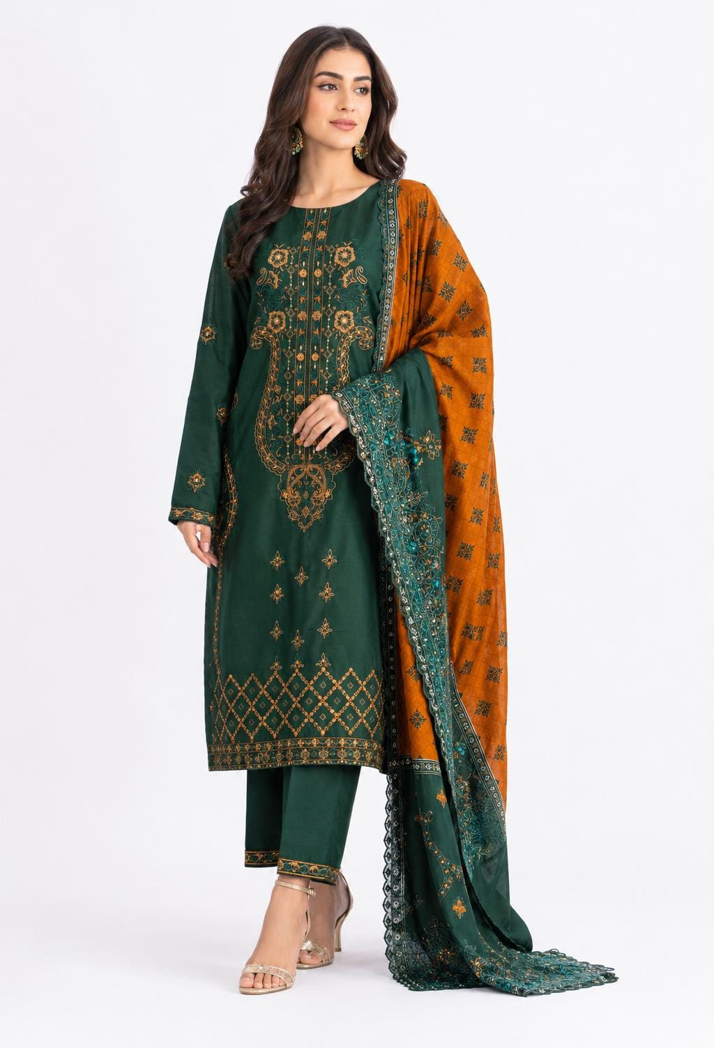 Bottle Green Embroidered Suit with Mustard Dupatta