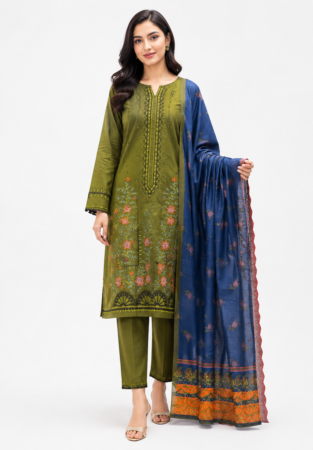 Olive Green Suit with Multicolor Floral Embroidery