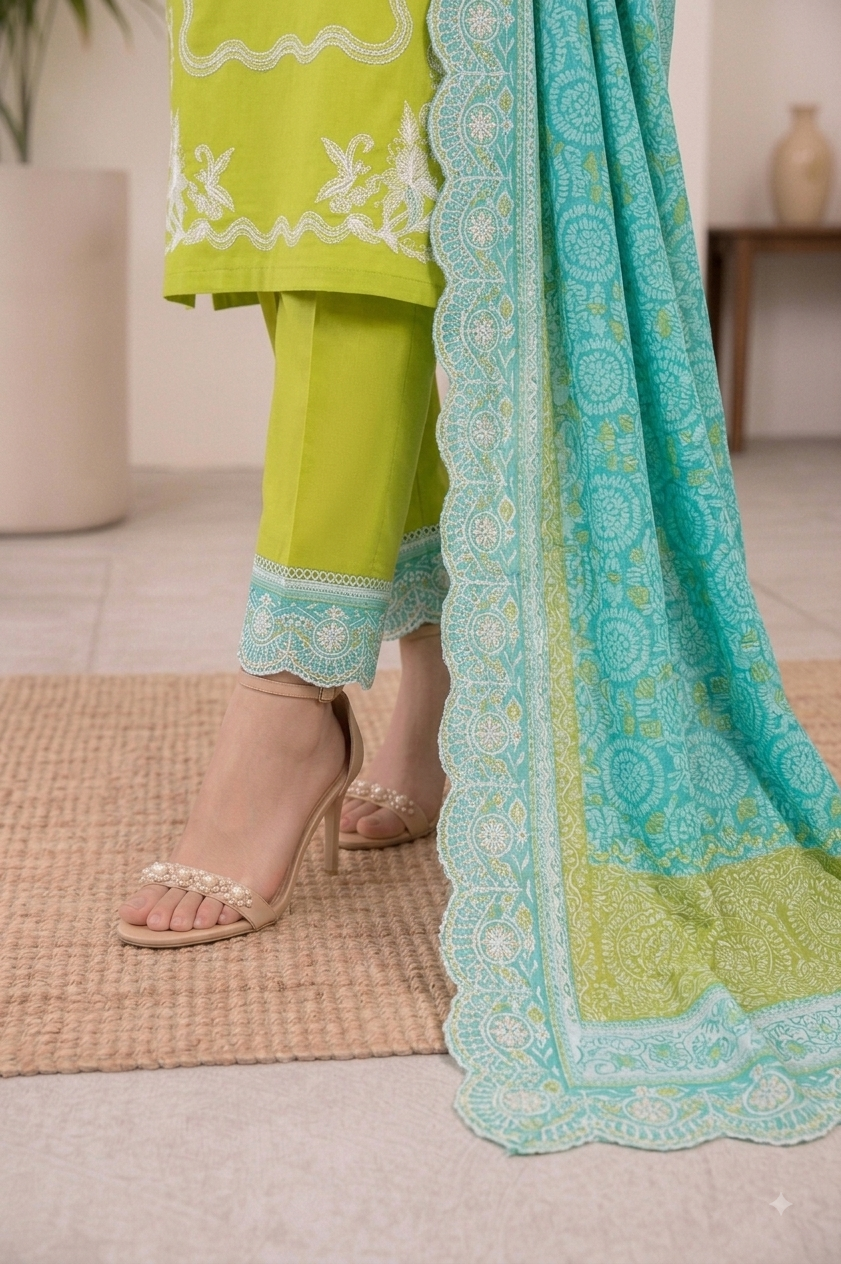 Lime Green Suit with White Embroidery & Turquoise Dupatta