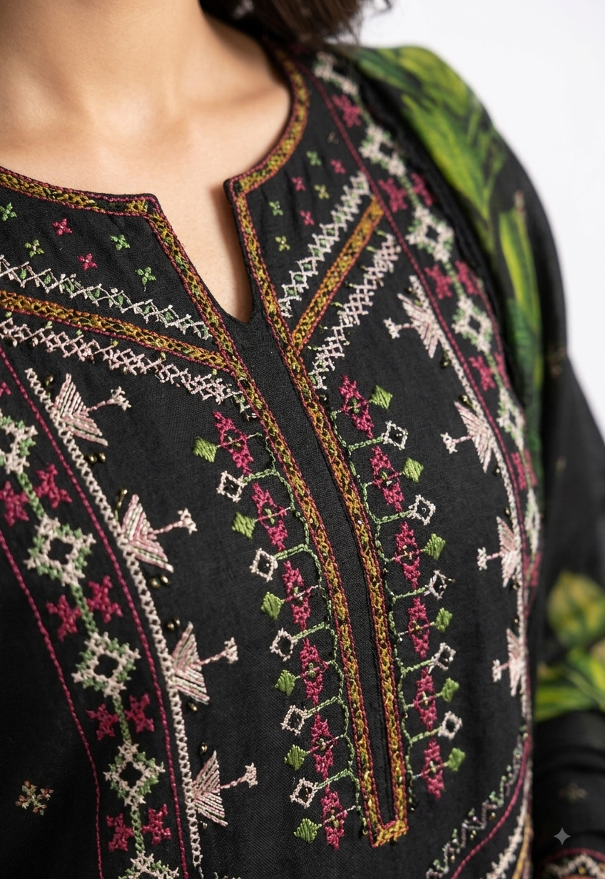Black Embroidered Suit with Floral Print Dupatta