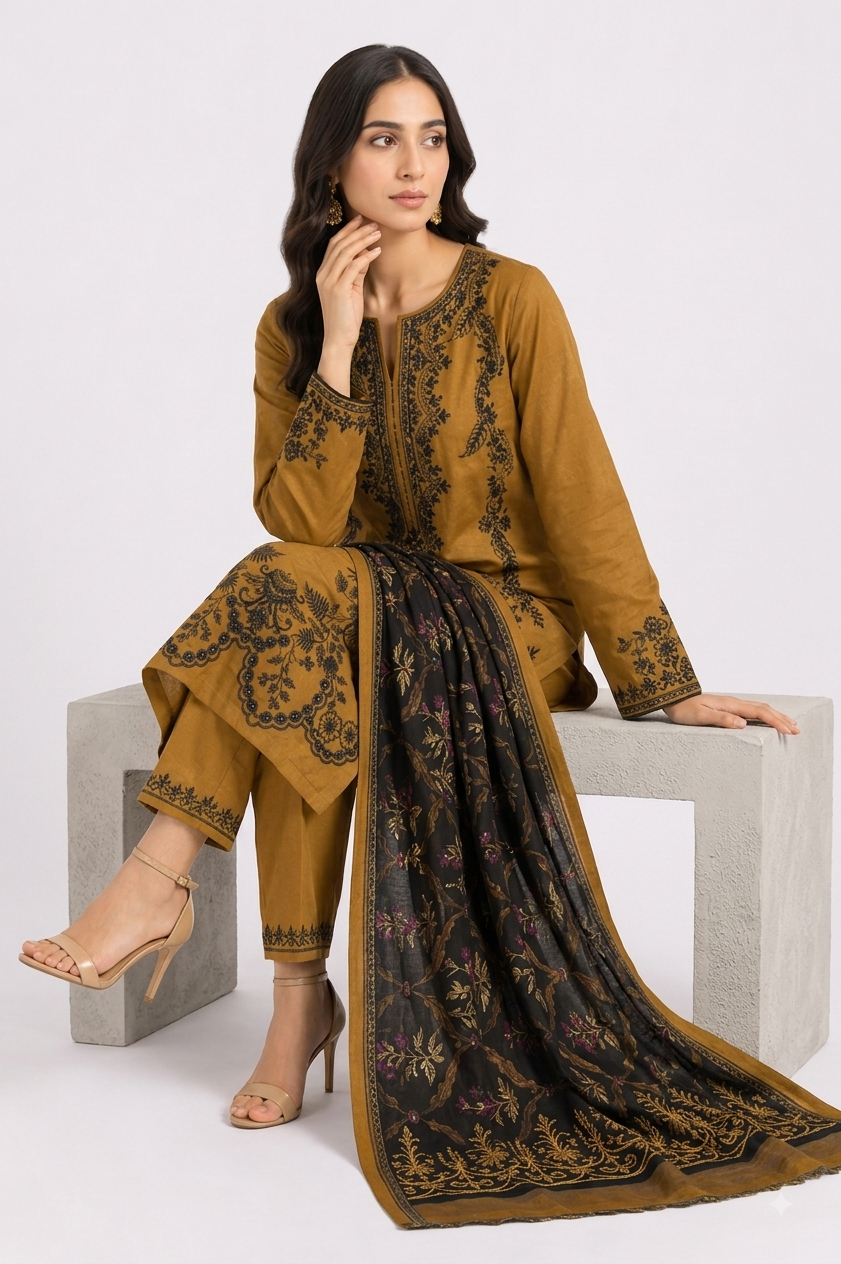 Camel Suit with Black Embroidery & Floral Dupatta
