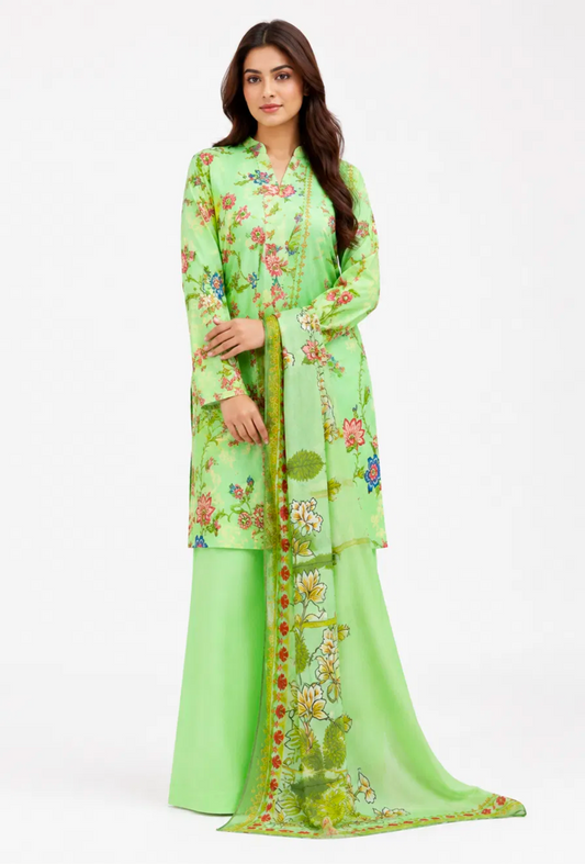Light Green Floral Print Sharara Suit - 3Pc