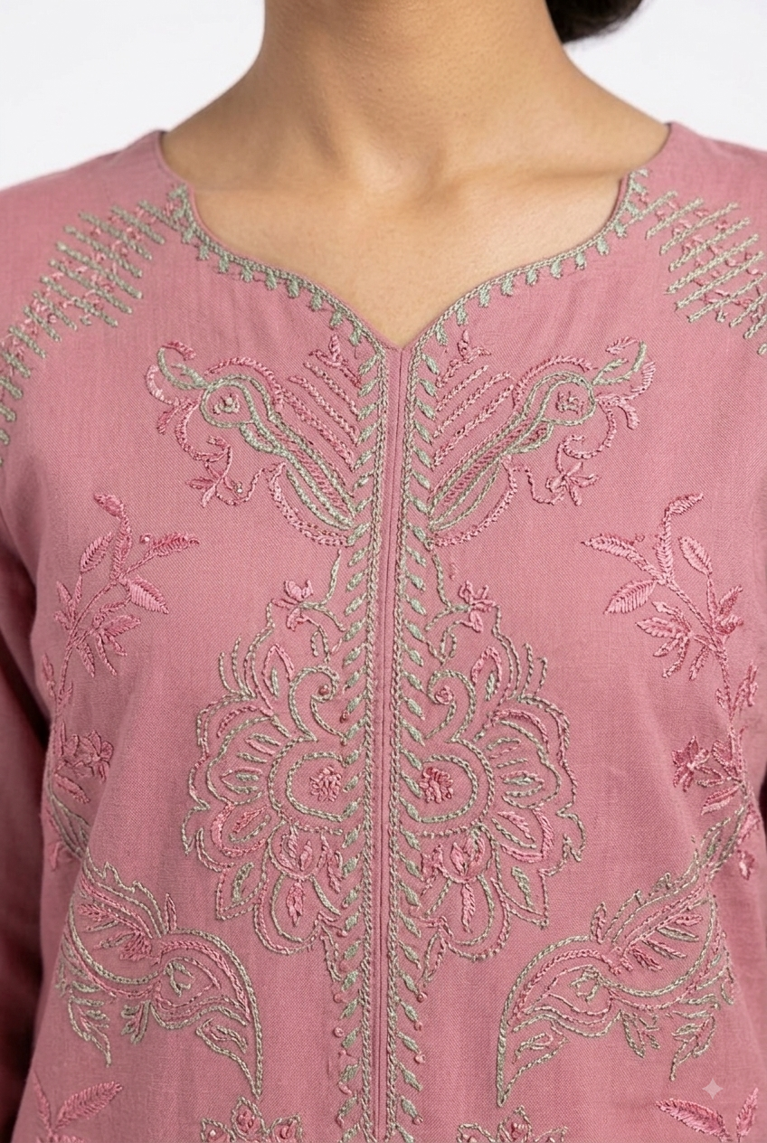 Dusty Pink Embroidered Suit with Sage Border Dupatta