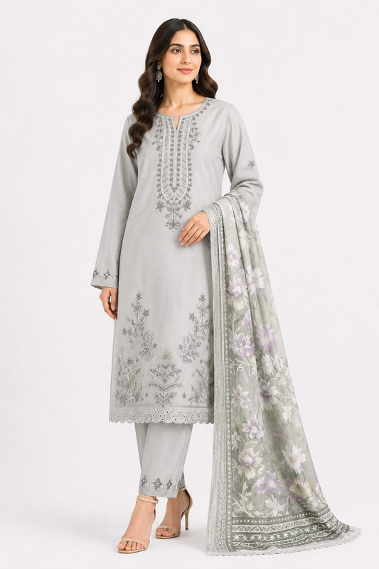 Light Grey Embroidered Suit with Lavender Florals