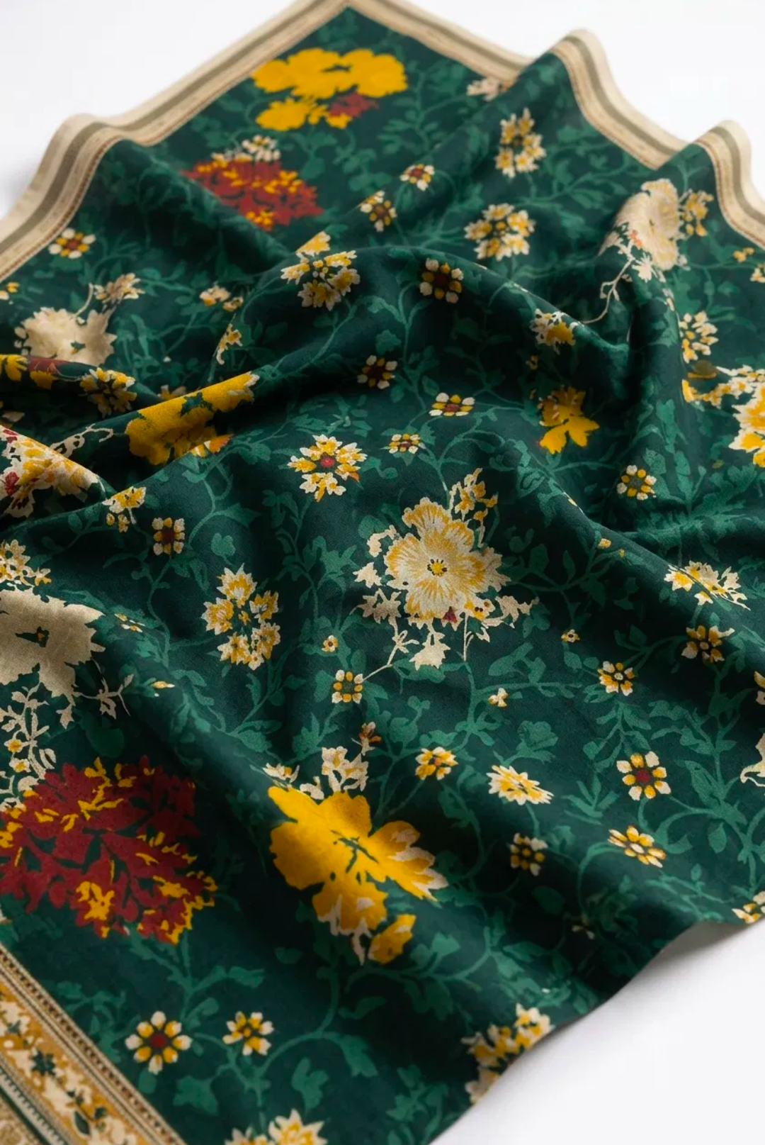 Bottle Green Floral Gold-Border Embroidered Suit - 3Pc