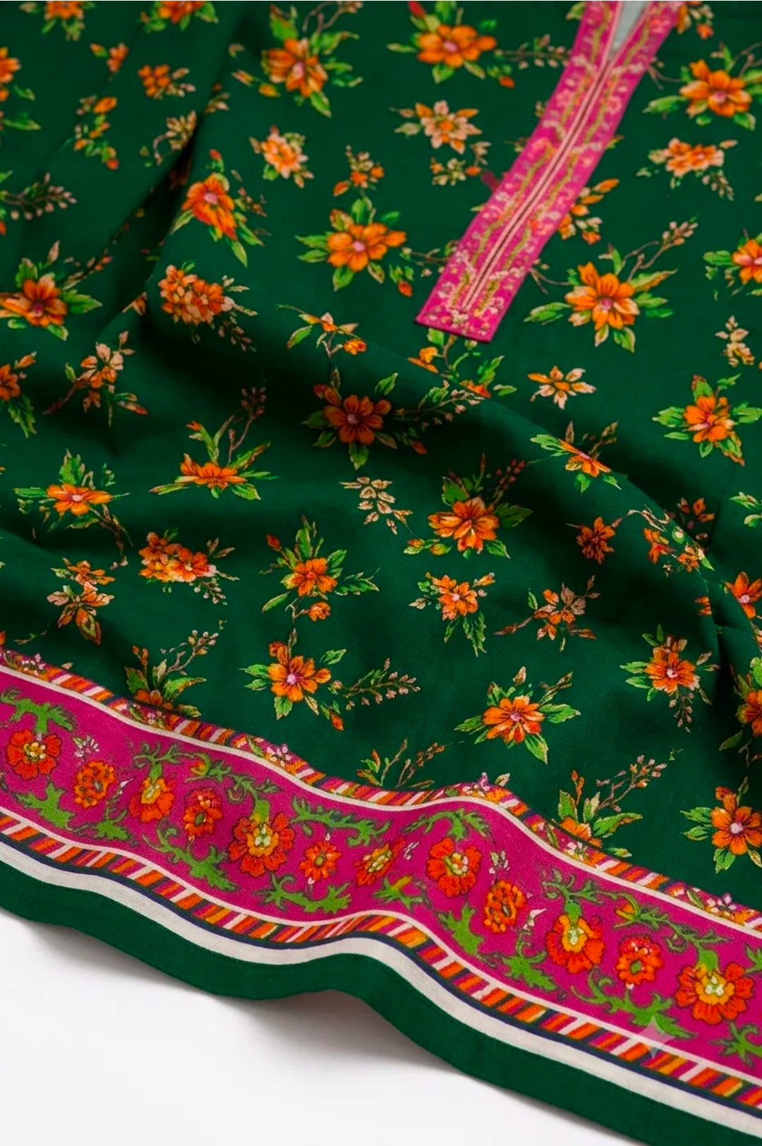 Bottle Green Floral Suit with Pink Border - 3Pc
