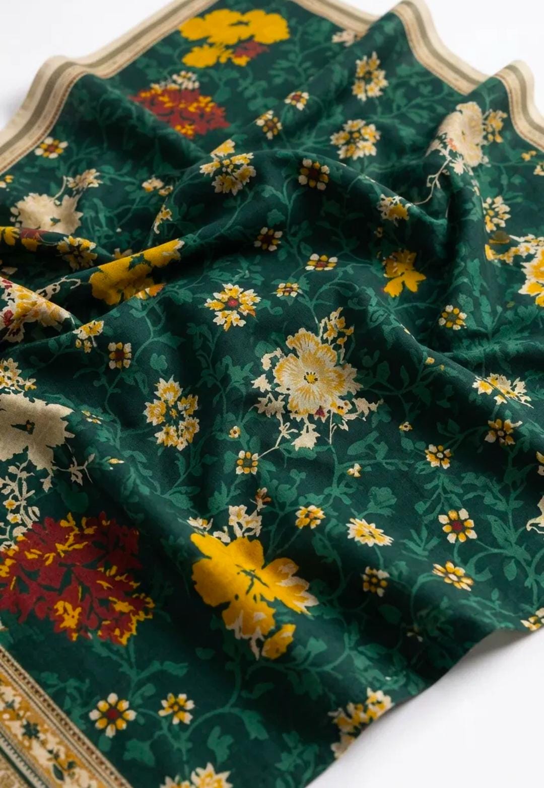 Bottle Green Floral Gold-Border Embroidered Suit - 3Pc