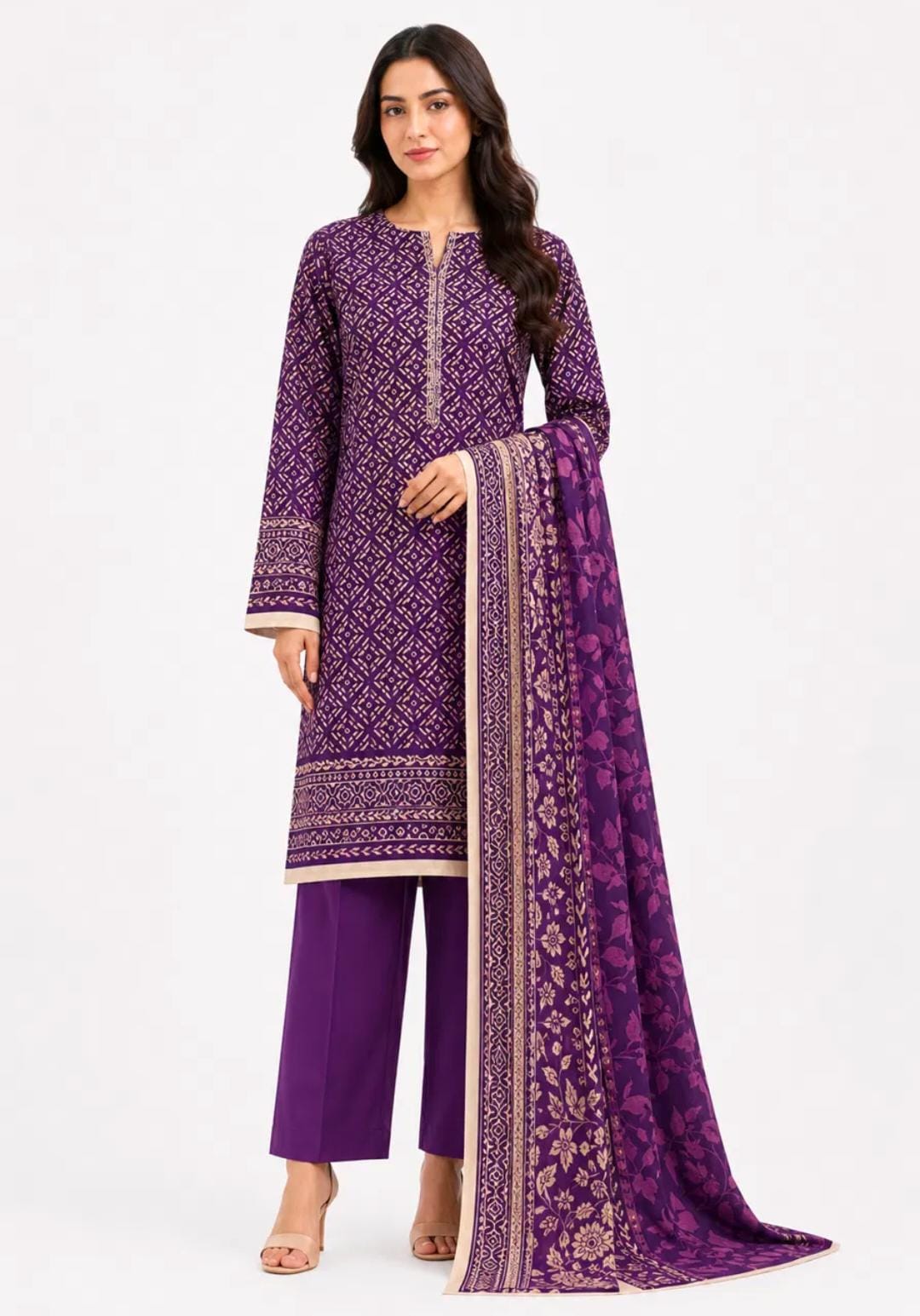 Purple Bandhani Diamond Print Suit - 3Pc