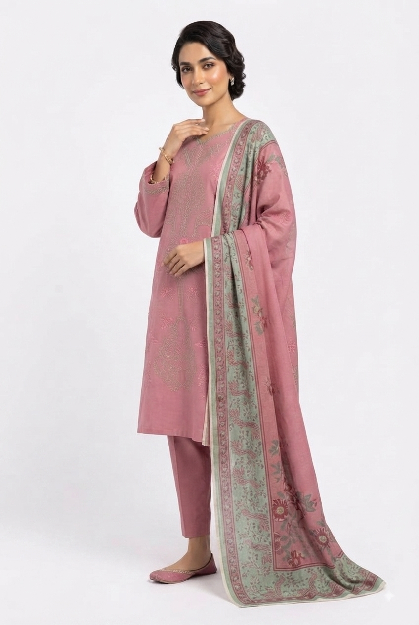 Dusty Pink Embroidered Suit with Sage Border Dupatta