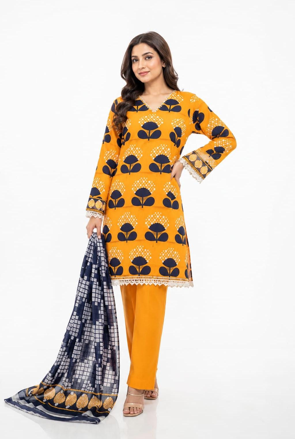 Mustard Orange Navy Floral V-Neck Suit - 3Pc