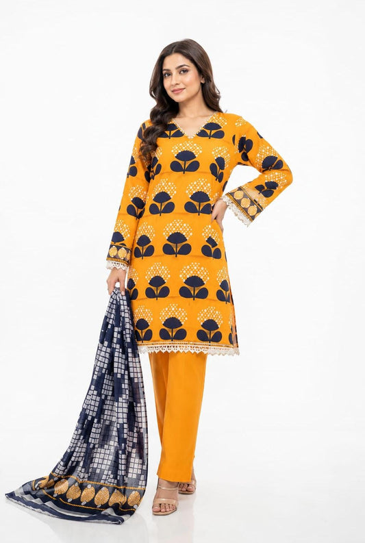 Mustard Orange Navy Floral V-Neck Suit - 3Pc