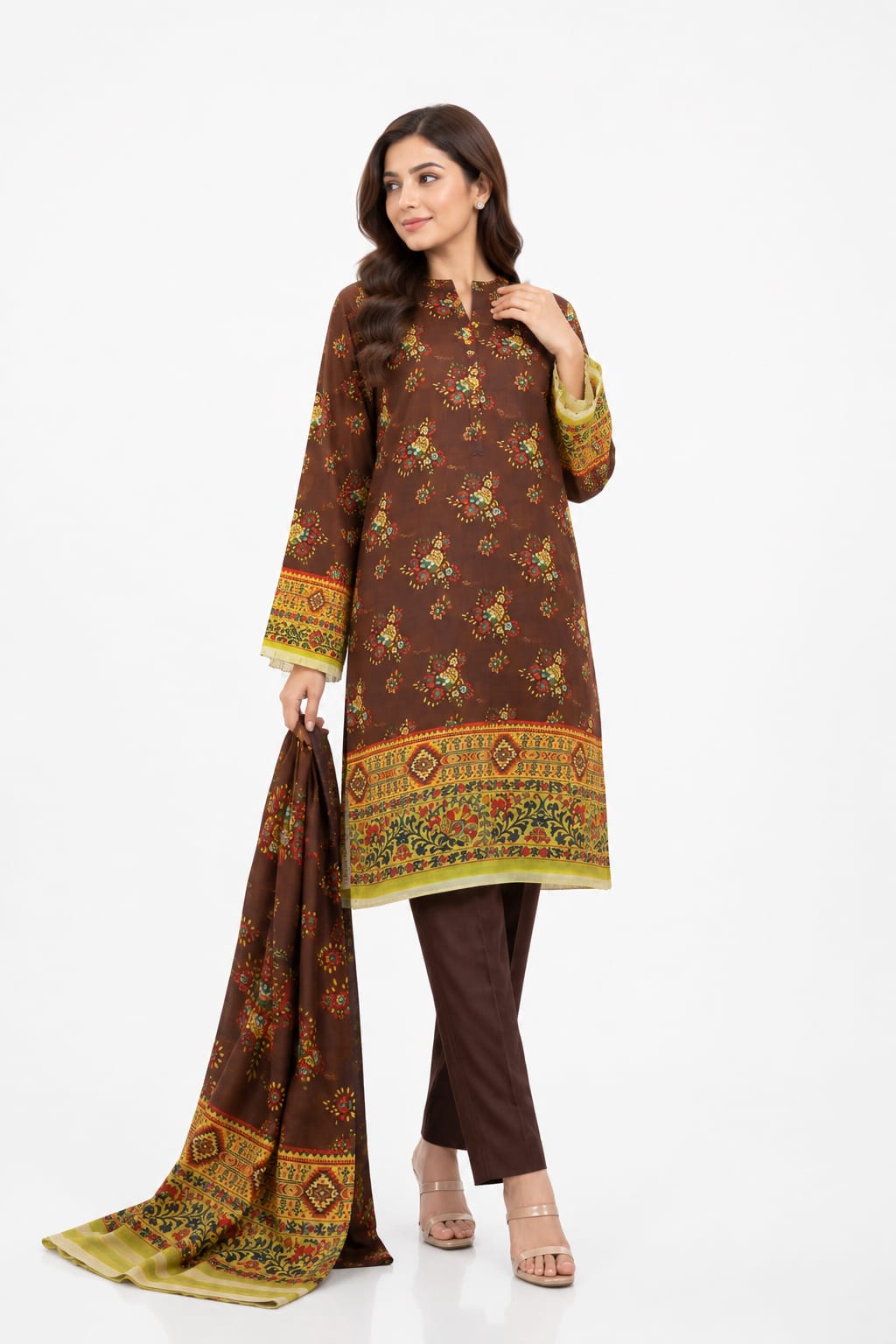 Brown Floral Print Suit - 3Pc