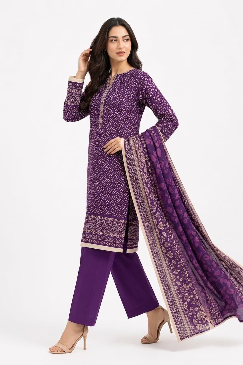 Purple Bandhani Diamond Print Suit - 3Pc