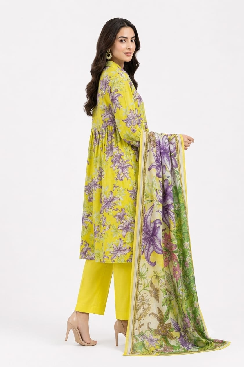 Yellow Lily Print A-Line Suit - 3Pc