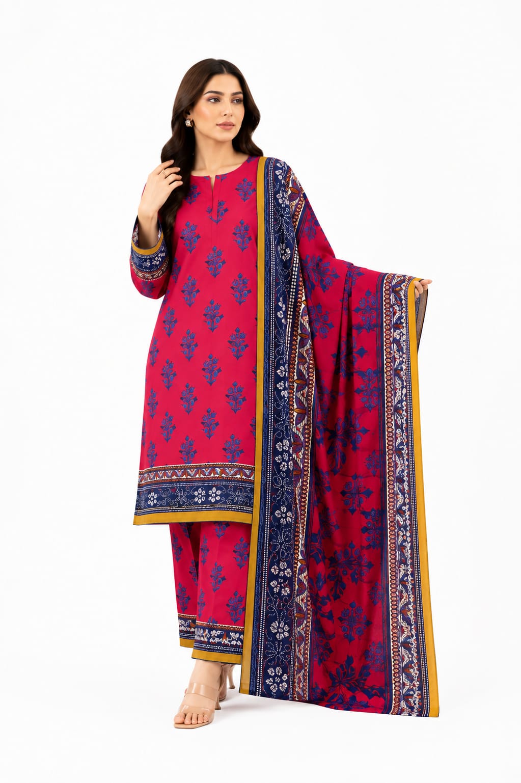 Magenta Floral Block Print Suit with Navy Dupatta