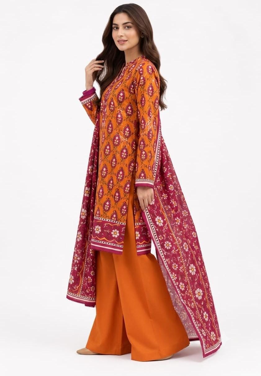 Mustard Orange Paisley Print Suit - 3Pc