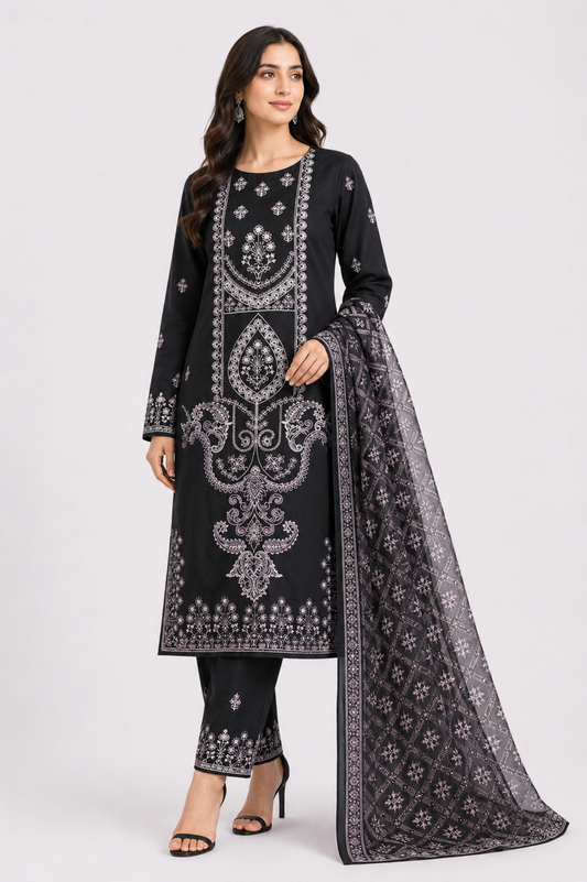 Black Embroidered Suit with Sheer Net Dupatta