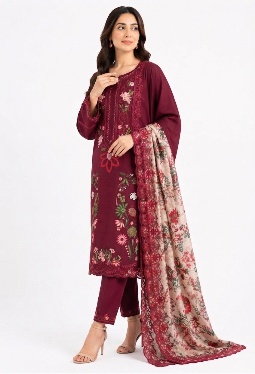 Maroon Embroidered Suit with Lace-Edge Floral Dupatta